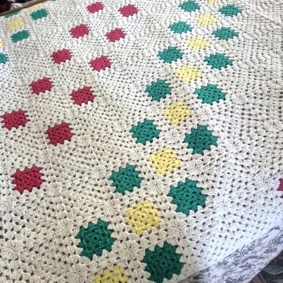 Handmade Vintage Crochet Blanket 62"x86" shown On Queen Bed - Picture 2 of 6